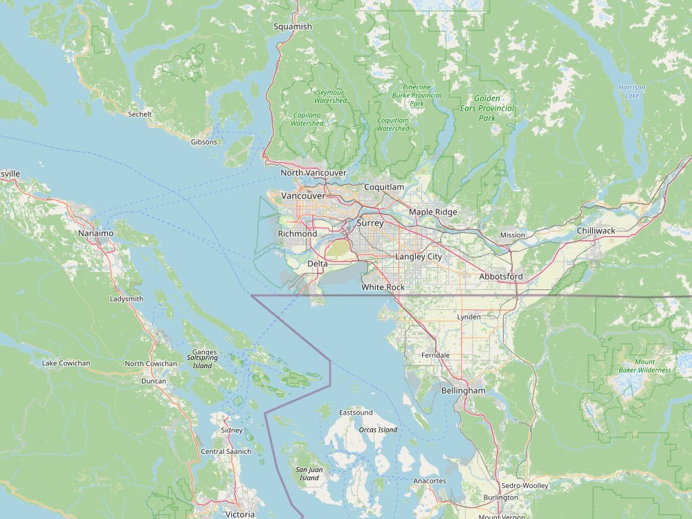 Map of VetDERM Clinic service area: Vancouver and Surrey clinics, with patients from West Vancouver, North Vancouver, Burnaby, Richmond, Delta, Vancouver Island, Abbotsford, Chilliwack and Washington State